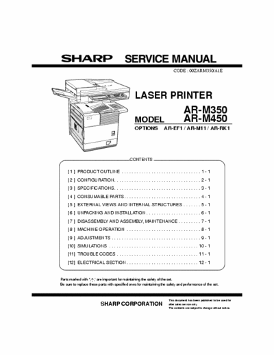 Sharp AR-M350 LASER PRINTER
AR-M350,  AR-M450 Service Manual